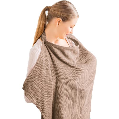 Konssy Muslin Nursing Cover for Baby Breastfeeding, Breathable 100% Cotton Breastfeeding Cover with Rigid Hoop for Mother Nursing Apron, Multi-use Carseat, Brown