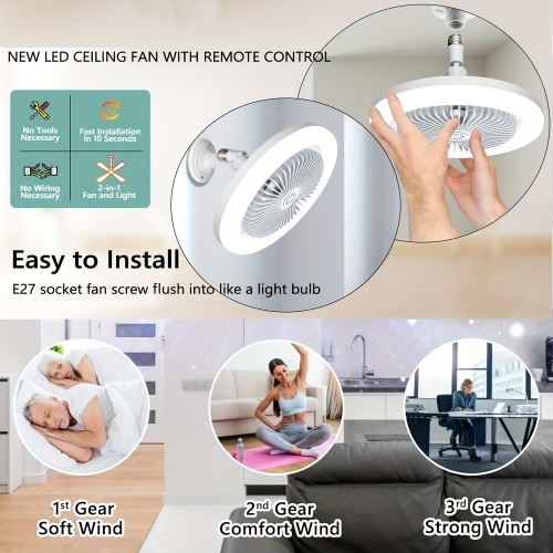 Ceiling Fan Light, with Light And Remote Control, Room Decor, Adjustable In All Directions, E26 Base Ceiling Fan Light, Fan Adjustable In 3 Levels, 3 Colors 3000-6500K Dimmable Intelligent LED Light, with Timed Night Light Function,