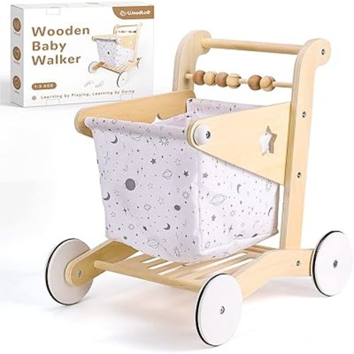 Wooden Baby Walker Doll Stroller | Adjustable Speed Shopping Cart for Toddlers 1-3 | Baby Push Walker - Pretend Play Grocery Cart | Natural Wood Stroller Push Toys for Babies Learning to Walk