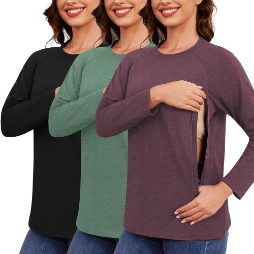 Ecavus 3-Pack Breastfeeding Shirts with Hidden Zippers Comfort and Soft Nursing Shirts for Women