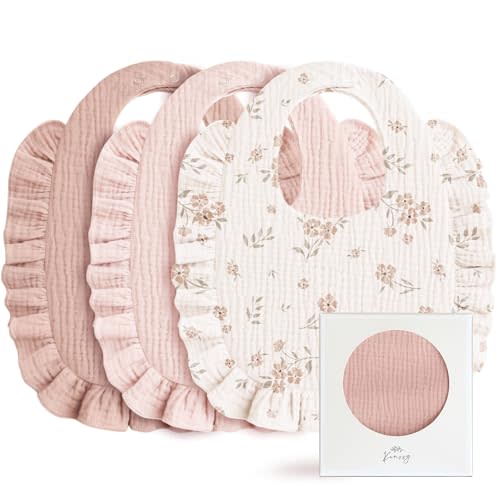 Konssy Muslin Baby Bibs for Girls – Soft 100% Cotton Drool Bibs, Ruffle Trim for Newborns & Toddlers 0-36 Months 3-Pack