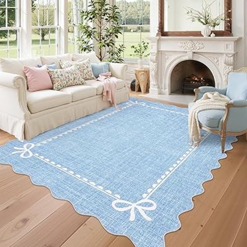 GarveeHome Scalloped Bow Rug for Living Room, Solid Blue Rug for Dorm, Washable Rugs 5x7 Soft Low Pile Non Slip Scalloped Rugs for Nursery College Bedroom Decor Kids Room Playroom