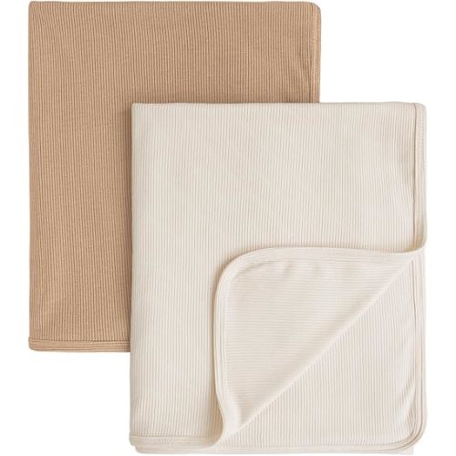 Konssy Knit Baby Blanket 2 Pack, Soft Ribbed Swaddle Receiving Blankets for Boys & Girls, Lightweight Cozy Swaddling Wrap for Newborns, Infants, & Toddlers, 33x42 Inch (Clay,Beige)