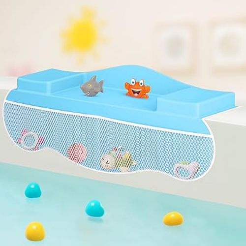 Bathtub Splash Guard for Kids-8 Strong Suction Cups Silicone Tub Topper Splash Guard for Bathtub, Bath Toy Holder, Tub Play Shelf with 4 Mesh Pockets, Water Spill in Bathroom for Toddlers Kids (Blue)