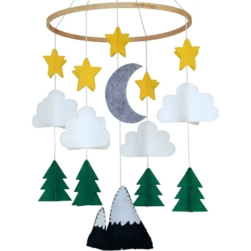 Baby Crib Mobile (Starry Woodland Night, Long Evergreen) - Nursery Decoration Ceiling Mobile and Baby Shower for Boys & Girls