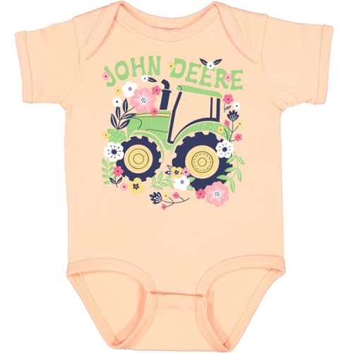 John Deere Infant Girls Tractor Flowers Short Sleeve Bodysuit Onesie - Peachy