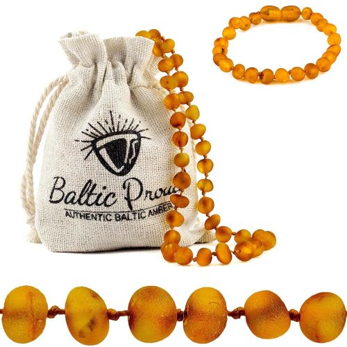 Baltic Proud Raw Amber Necklace and Bracelet Gift Set (Unisex Honey Raw 12.5 Inches/5.5 Inches) - Certified Premium Quality Raw Baltic Sea Amber