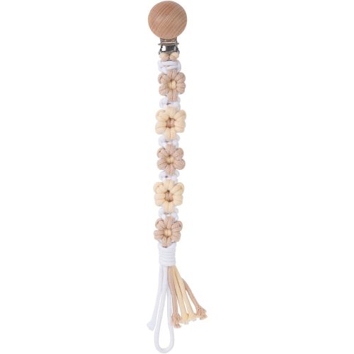 Pacifier Clip for Boys Girls Floral Daisy Macrame Baby Paci Clip Pacifier Holder Leash Boho Wooden Clips Handmade Braided Cotton Binky Clips (1pack:Light Yellow Daisy A)