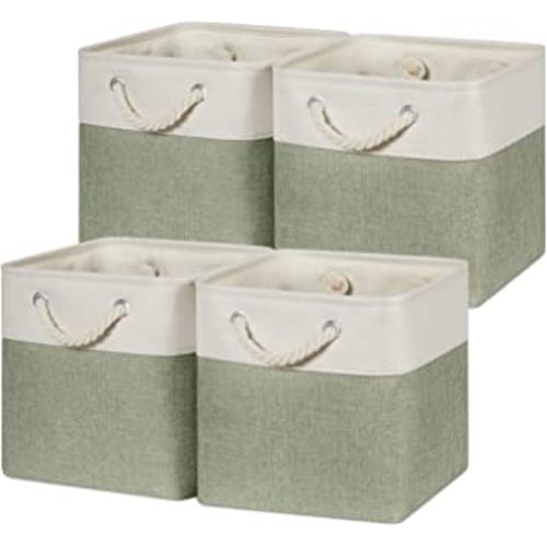 Temary Cube for Shelves 11 Inch Bin 4Pack Fabric Storage Baskets for Organizing Toys, Clothes, Decorative Baskets with Rope Handles (White&Green)