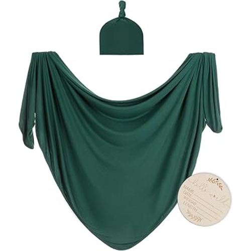 Large Jersey Knitted Swaddle Blanket for Baby, Soft Stretchy Receiving Blanket for Newborns with Hat, Baby Nursery Swaddle 47 x 47 inches(Peacock)