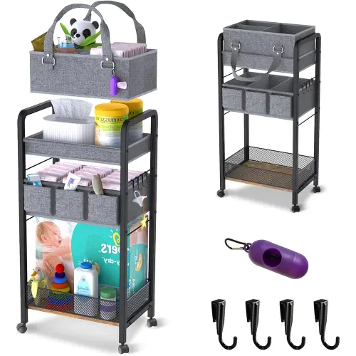 2IN1 Baby Diaper Caddy Organizer-3 Tier Rolling Storage Cart with Dividers - Bedside Diaper Caddy Cart for Baby Nursery Newborn Essentials-Mobile Utility Carts with Wheels for Changing Table
