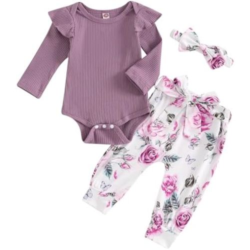 Tiaham Baby Girl Clothes Cute Outfits Fruit Floral Long Sleeve Romper Tops Pant Newborn Bodysuit Fall Winter Outfit