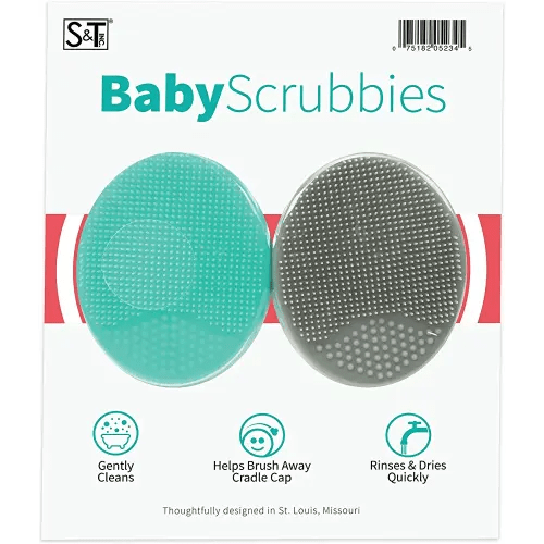 S&T INC. Exfoliating and Massaging Cradle Cap Bath Brushes for Baby, Silicone - 2 Inch x 2.5 Inch, Grey and Teal, 2 Pack