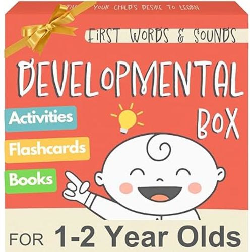 Pidoko Kids Developmental Baby Box - One Year Old Boy Birthday Gift - First Words, Sounds, Talk & Scribble for 1 + Boys Girls - Toddler Learning Activities Toys - Educational Board Books & Flashcards