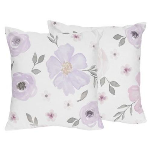 Sweet Jojo Designs Girl Decorative Throw Pillow Covers 18in. (Pillow Inserts Not Included) Watercolor Floral Purple Pink and Grey 2pc