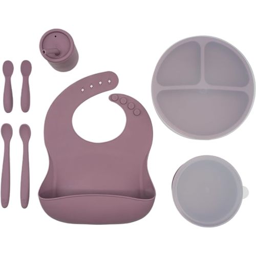 WeeSprout Baby Led Weaning Bundle, Silicone Suction Bowl, Spoons, Bib & Cup, Develops Self Feeding Skills, Dishwasher Safe (Purple)