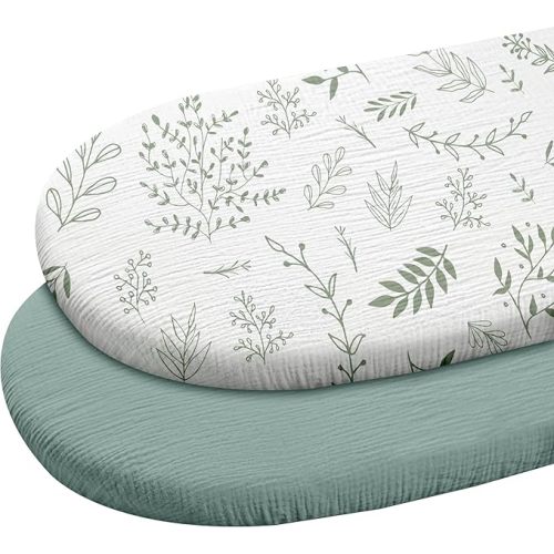 Muslin Bassinet Fitted Sheets, 2 Pack for Baby Boy and Girl, Soft Breathable Stretchy Baby Pad/Mattress Sheet Set, Universal Fit for Hourglass Oval and Rectangle Bassinet Mattress (Gentle Colors)
