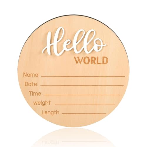 Baby Announcement Sign, Wooden Hello World Newborn Signs Birth Name Sign | 5.9in Welcome Name Plaques for Newborn Boys and Girls Photo Props Baby Shower Hospital Nursery (White)