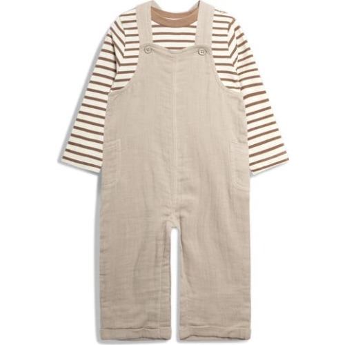 Stripe Long Sleeve T-Shirt & Cotton Gauze Overalls Set, 6-12M