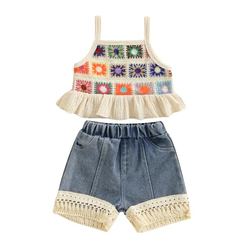 Partclots Baby Girl Outfits Crocheted Ruffled Camisole And Denim Shorts Set 6 12 18 24 Months 2 3 4 T