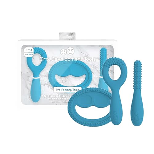 ezpz Oral Development Tools - 3 Months+ (3 Pack in Blue) - Non-Slip Loop, Smile and Stick, 100% Silicone Tools to Practice Feeding + Chewing - Sensory Bumps - Dishwasher Safe