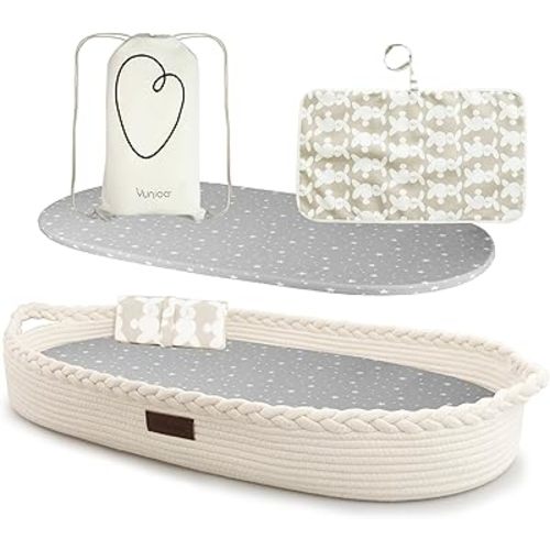 XL Reinforced Baby Changing Basket with Extra Travel Diaper pad, Foldable Baby Changing Pad with Water Repellent Cover, Cotton Rope Baby Basket, Changing Table Topper for Dresser (White)