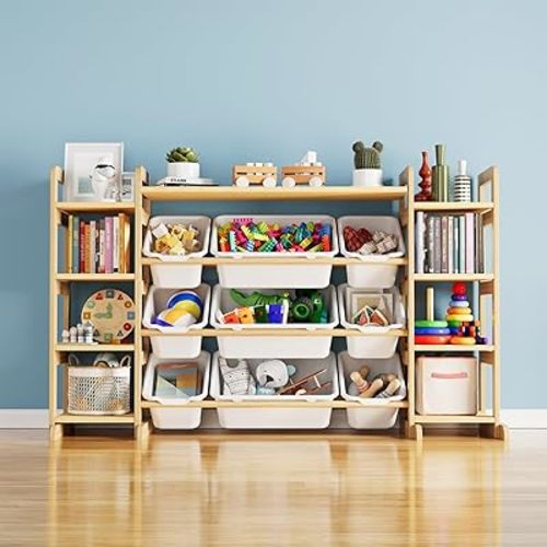 SpaceAid Large Toy Storage Organizer 9 Shelves 9 Bins, Toy Organizers Storage Bookshelf, Kids Bin Shelf Toys Box Bookcase for Bedroom Playroom Organization Room Decor, White