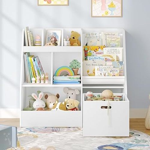 4 in 1 Kids Bookshelf and Toy Storage Organizer, 3-Tier Toy Organizers with Removable Toy Bins, Book Shelf for Kids Room, Toddler Sling Bookshelf with Storage Cubbies, Toy Shelf for Nursery, Playroom