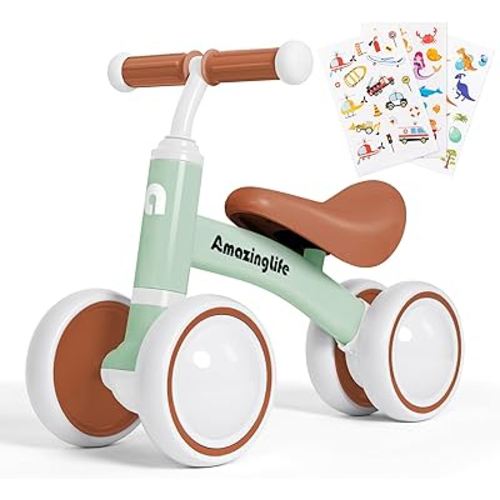 Balance Bike 1 Year Old, 10-24 Months Baby Balance Bike Toys, No Pedal Infant 4 Wheels Toddler Bike, Toddler Ride On Toys, Three Free Cartoon Stickers, First Birthday Gift for Boys Girls
