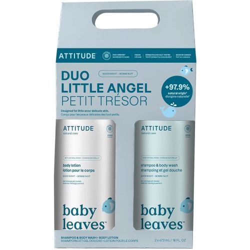 ATTITUDE Baby 2-in-1 Shampoo & Body Wash and Baby Lotion Set, EWG Verified, Dermatologically Tested Soap and Moisturizing Cream, Vegan, Good Night, 16 Fl Oz each