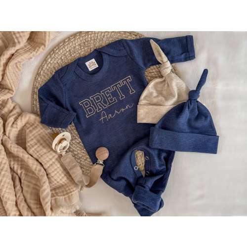 Personalized baby romper and hat set, custom newborn boy coming home outfit, embroidery baby shower gift, monogrammed sleeper footies