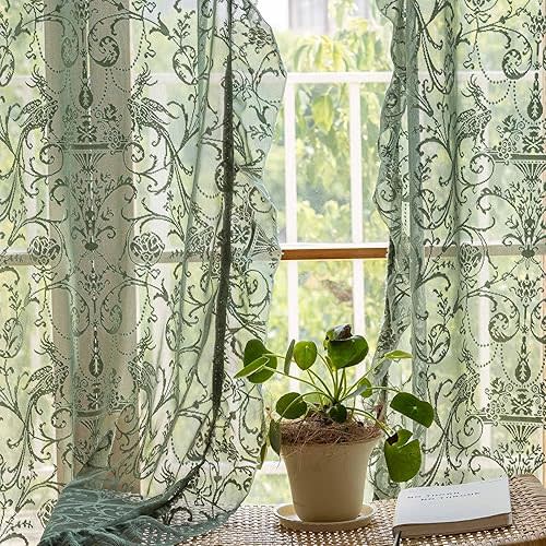 Green Sheer Curtains 84 Inch Long - Rustic Country Lace Curtains for Living Room Tulle Floral Ruffle Privacy Spring Decor Light Filtering Window Curtains, 59 x 84 Inch, Forest Green