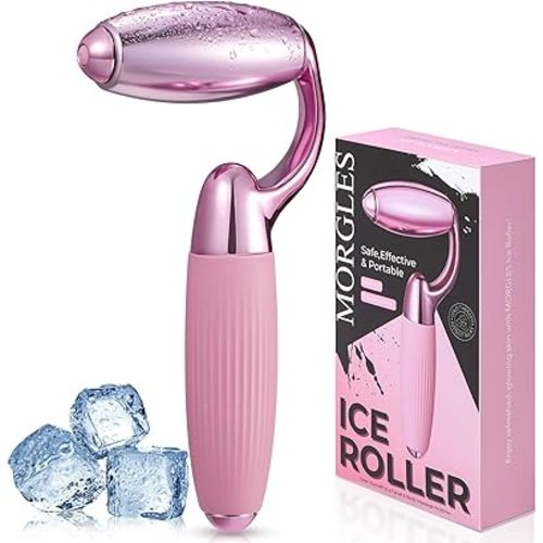 MORGLES Ice Roller for Face, Professional Face Roller Cryotherapy Tool to Reduce Puffiness, Redness & Headaches, Tighten Skin and Improve Lymphatic Drainage with Ergonomic Handle (Pink)