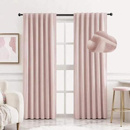 HOMEIDEAS 100% Chenille Blackout Curtains for Bedroom Light Pink Curtains 84 Inch Length 2 Panels for Living Room/Nursery Thermal Insulated Rod Pocket & Back Tabs Window Drapes, W52 x L84