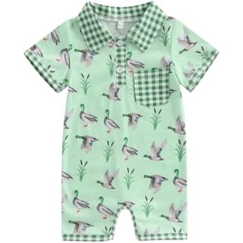 Summer Newborn Baby Boy Girl Polo Romper Short Sleeve Plaid Green Jumpsuit Baby Boy Duck Hunting Outfit