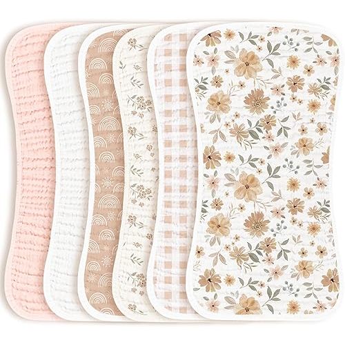 Konssy Muslin Baby Burp Cloths Sets for Unisex- 6 Pack Large 100% Cotton Burping Clothes for Newborn, Baby Girls and Boys