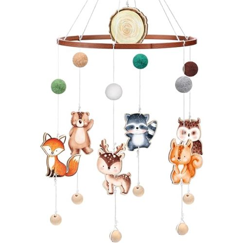 Woodland Baby Crib Mobile Jungle Animals Nursery Mobiles Forest Safari Ceiling Mobile Wooden Wind Chime Hanging Mobile Bear Fox Deer Mobiles Bassinet for Room Photography Prop Newborn Gift