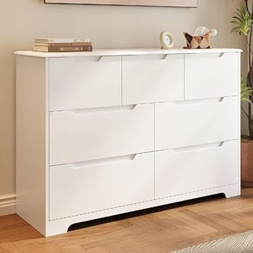 Gizoon 7 Drawer Dresser, 48" Wide White Dresser for Bedroom, Chest of Drawers with Handle Free Design, Modern Storage Organizer for Living Room, Kids Room, Entryway, Hallway, White