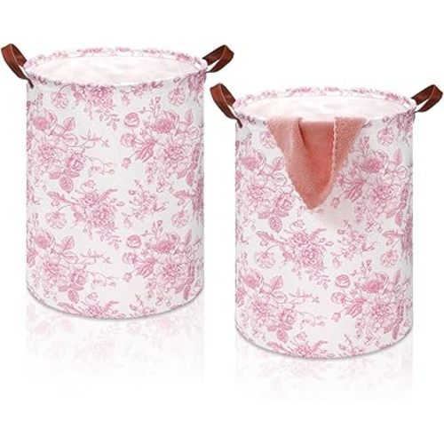 2 Pcs Pink Laundry Basket Coquette Storage Basket for Girls Nursery Hamper with Handles Foldable Waterproof Collapsible Storage Bin Organizer for College Dorms Bathroom(Chinoiserie)