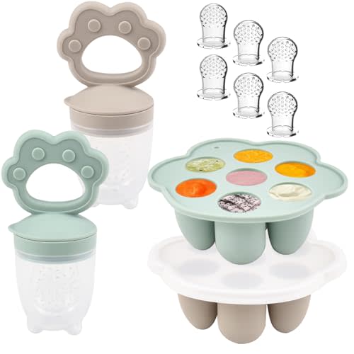 Ginbear Silicone Baby Fruit Food Feeder & Freezer Tray Set of 2, Infant Feeder Pacifiers with 6 Extra Pouches, Baby Popsicle Molds Combo 4 Months+ (Hazy Green/Almond)