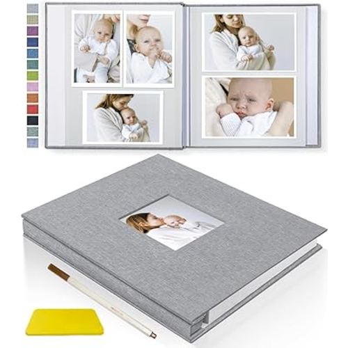 Popotop Photo Album Self Adhesive with Picture Display Window,60 Pages DIY Scrapbook Album for 4x6 10x12 Picture,Linen Cover Memory Book for Baby Wedding, with Scraper and Metallic Pen