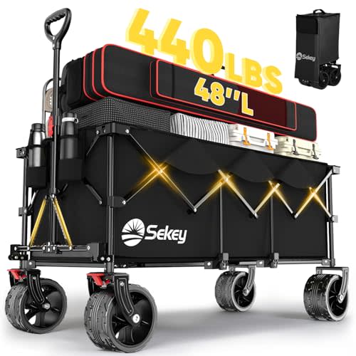 Sekey 48''L Collapsible Foldable Extended Wagon with 440lbs Weight Capacity, Heavy Duty 300L Folding Utility Garden Cart with Big All-Terrain Beach Wheels & Drink Holders. Black