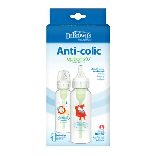 Dr. Brown's Natural Flow Anti-Colic Options+ Narrow Baby Bottle, Fox & Lion, 8 oz/250 mL, with Level 1 Slow Flow Nipple, BPA Free, 0m+, 2-Pack