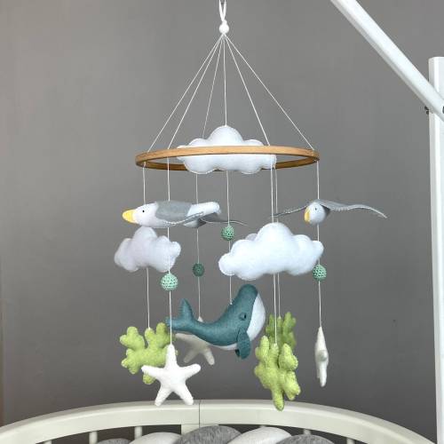 Whale baby mobile neutral Ocean crib mobile Nautical nursery decor Seagulle mobile Felt baby mobile Coastal mobile Ocean baby shower