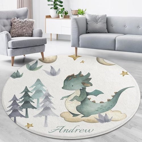 Personalized Name Watercolor Dragon Animal Small Rugs for Neutral Nurseries - Personalized Gifts Baby Boys Girls Crawling Mats for Toddlers