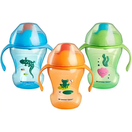 Tommee Tippee Transition Sippy Trainer Cup, Handles, 7 Months+, 8oz, Water Bottle for Toddlers, Spill-Proof, BPA Free, Pack of 3, Blue, Orange and Green