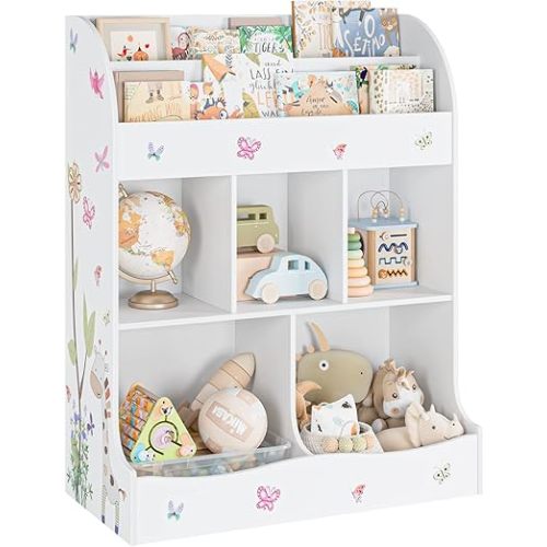 Toy Storage Organizer with Bookcase, Kids Bookshelf, Toy Storage Storage Cabinet with Cubbies and Bookshelf for Children's Room, Playroom, Hallway, Kindergarten, White