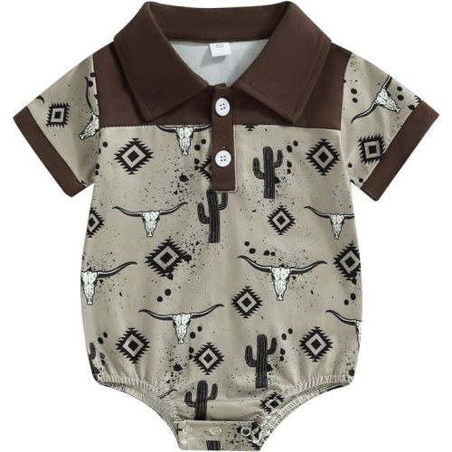 Muasaaluxi Western Baby Boy Clothes Cow Print Short Sleeve Romper Button Down Lapel Polo Shirt Shirts Summer Outfit 0-18M - Light Grey