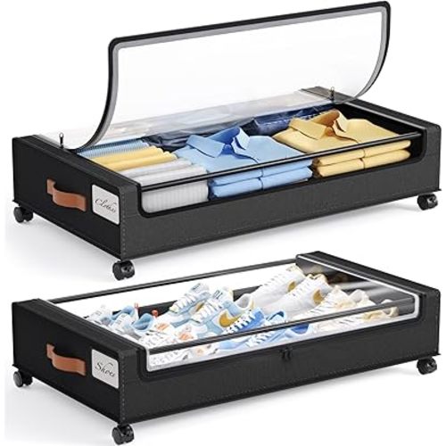 Yecaye Under Bed Storage with Wheels, 2 Pack Under Bed Storage Containers, Under Bed Shoe Storage with Clear Window & Label, Rolling Under Bed Metal Drawer for Clothes, Shoes,Toys, Books, Black
