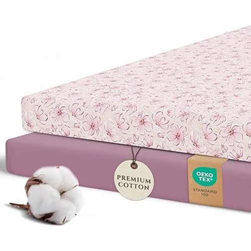 Pobibaby – 2 Pack Pack N Play Sheets and Mini Crib Sheets Fitted, Premium Ultra-Soft Jersey Knit Baby Sheets – Stylish Floral Pattern, Safe and Snug for Standard Playards and Mini Cribs (Blossom)